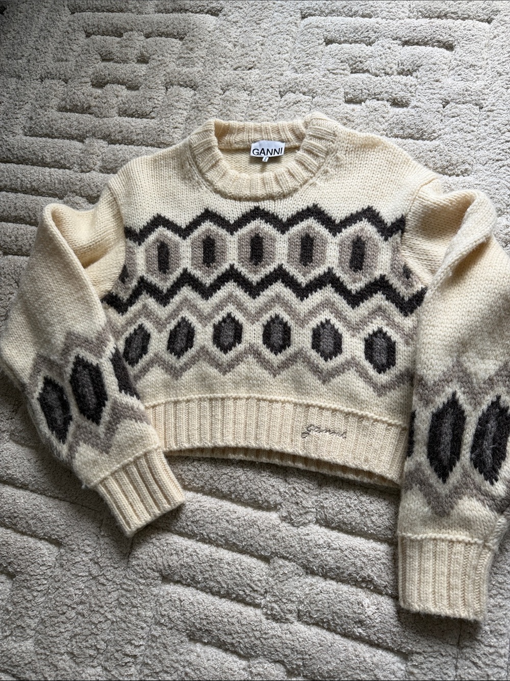 Ganni Cream Geometric Knit Crewneck Sweater